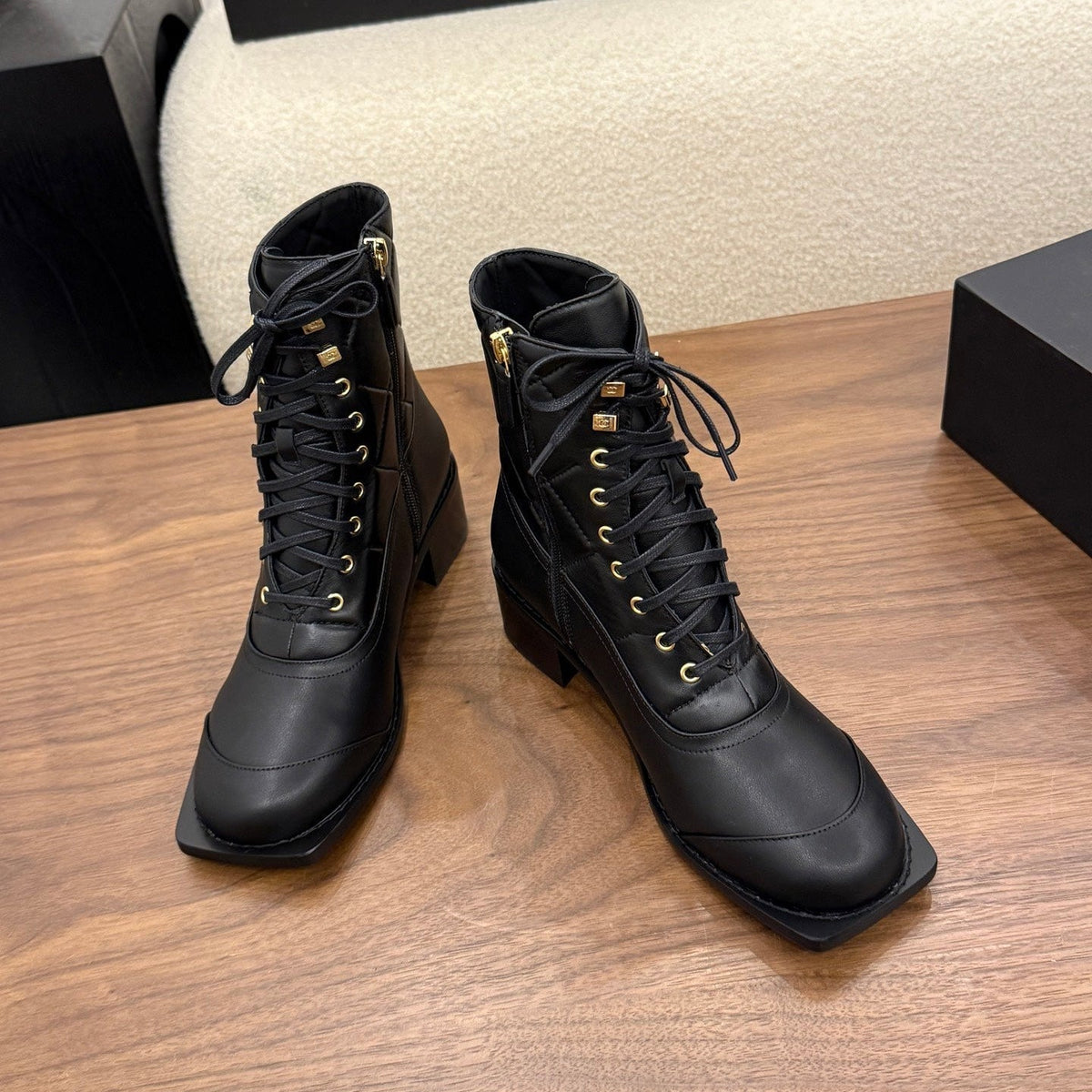 Chanel 26s Lace Up High Top Boots 4.5 Cm Black Calfskin