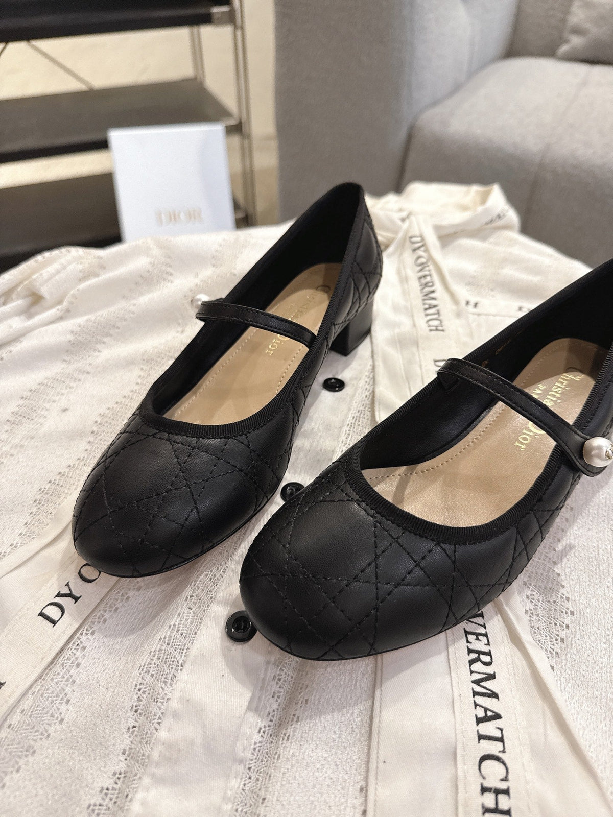 Dior 26s Mary Jane Pumps Black Lambskin Pearl-Adorned Strap