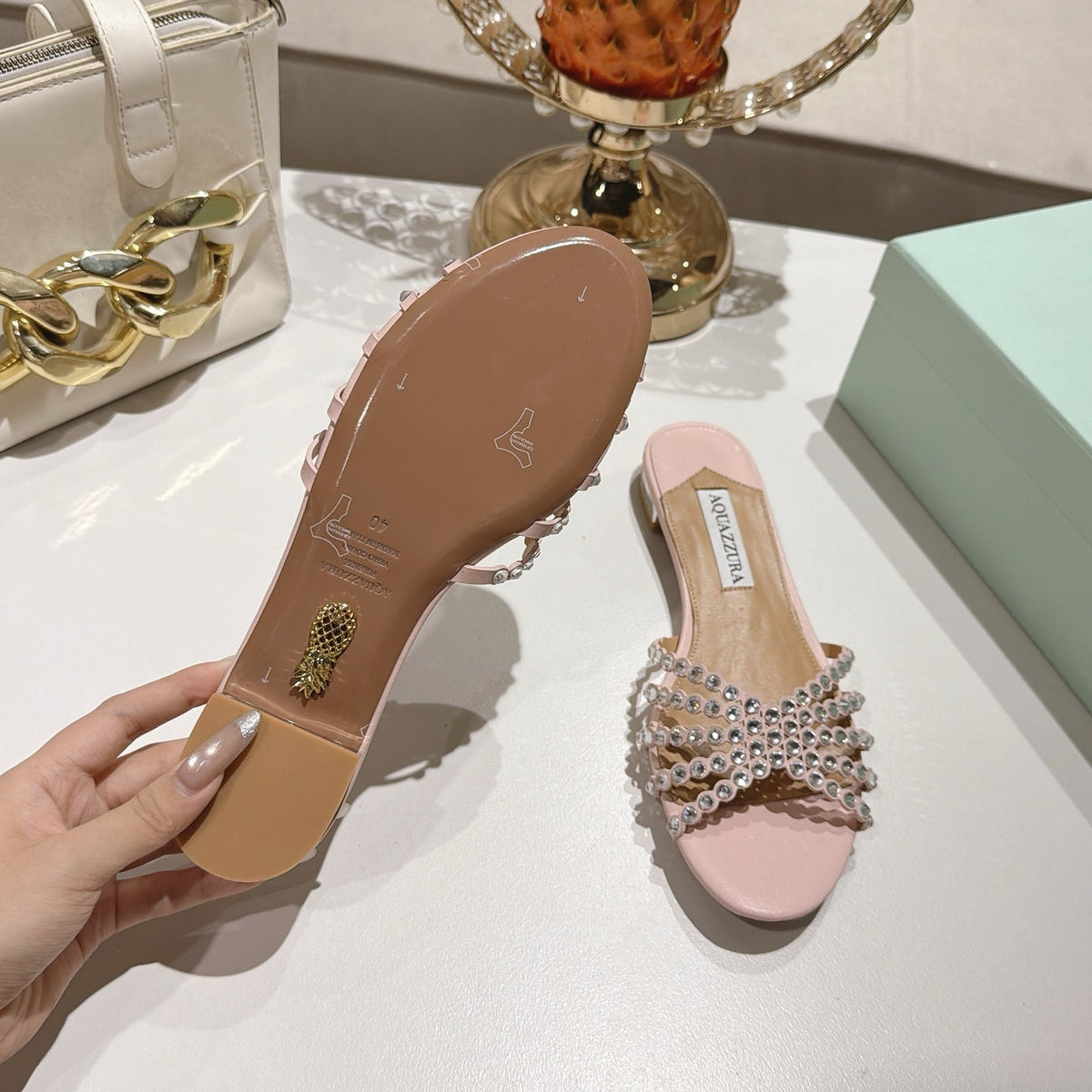 Aquazzura 26s Slides Light Pink Lambskin Crystal Embellished 592841