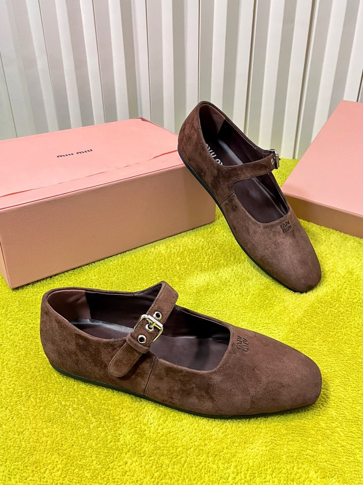 Miu 26S Mary Jane Flats Buckled Strap Logo Brown Suede 137202