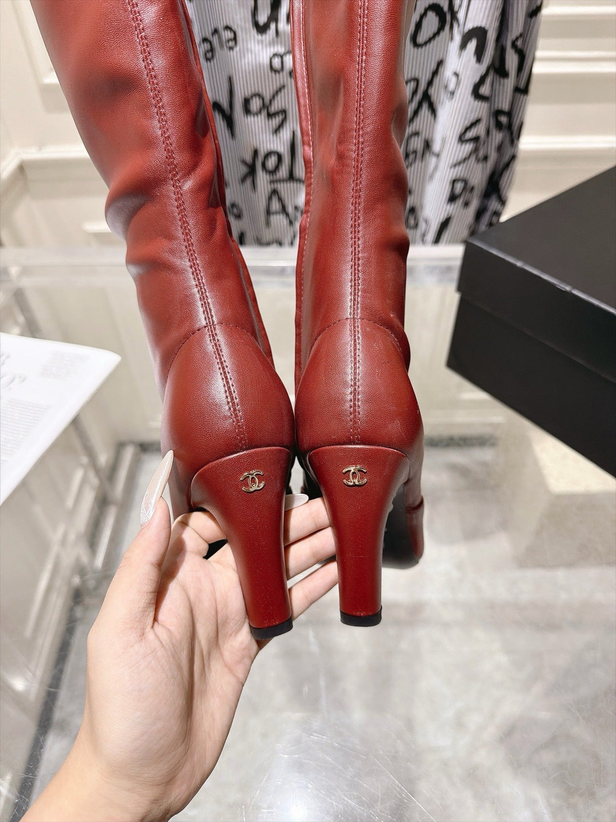 Chanel 26s High Heel Knee High Boots 8 Cm Burgundy Calfskin Black Patent Leather