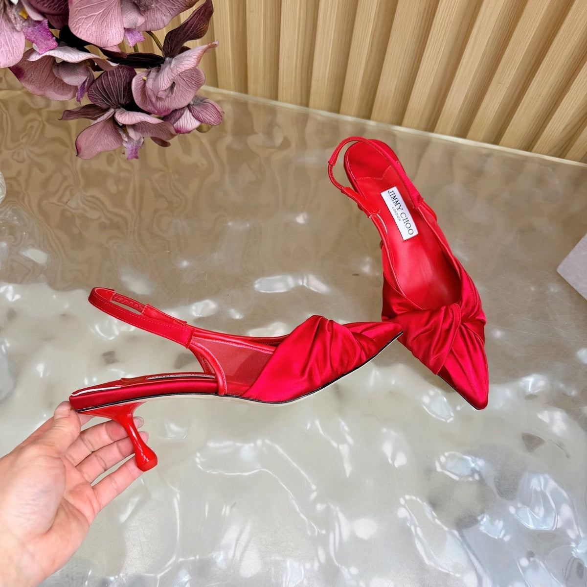 Jimmy Choo 26S Slingback Heels 6.0cm Red Satin With Knot Detail 491375