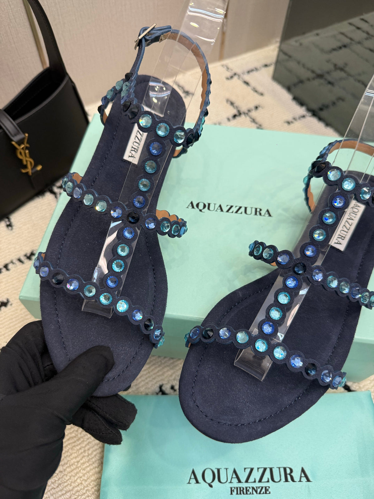 Aquazzura 26s Flat Sandals Navy Blue Suede Crystal-Embellished 610482