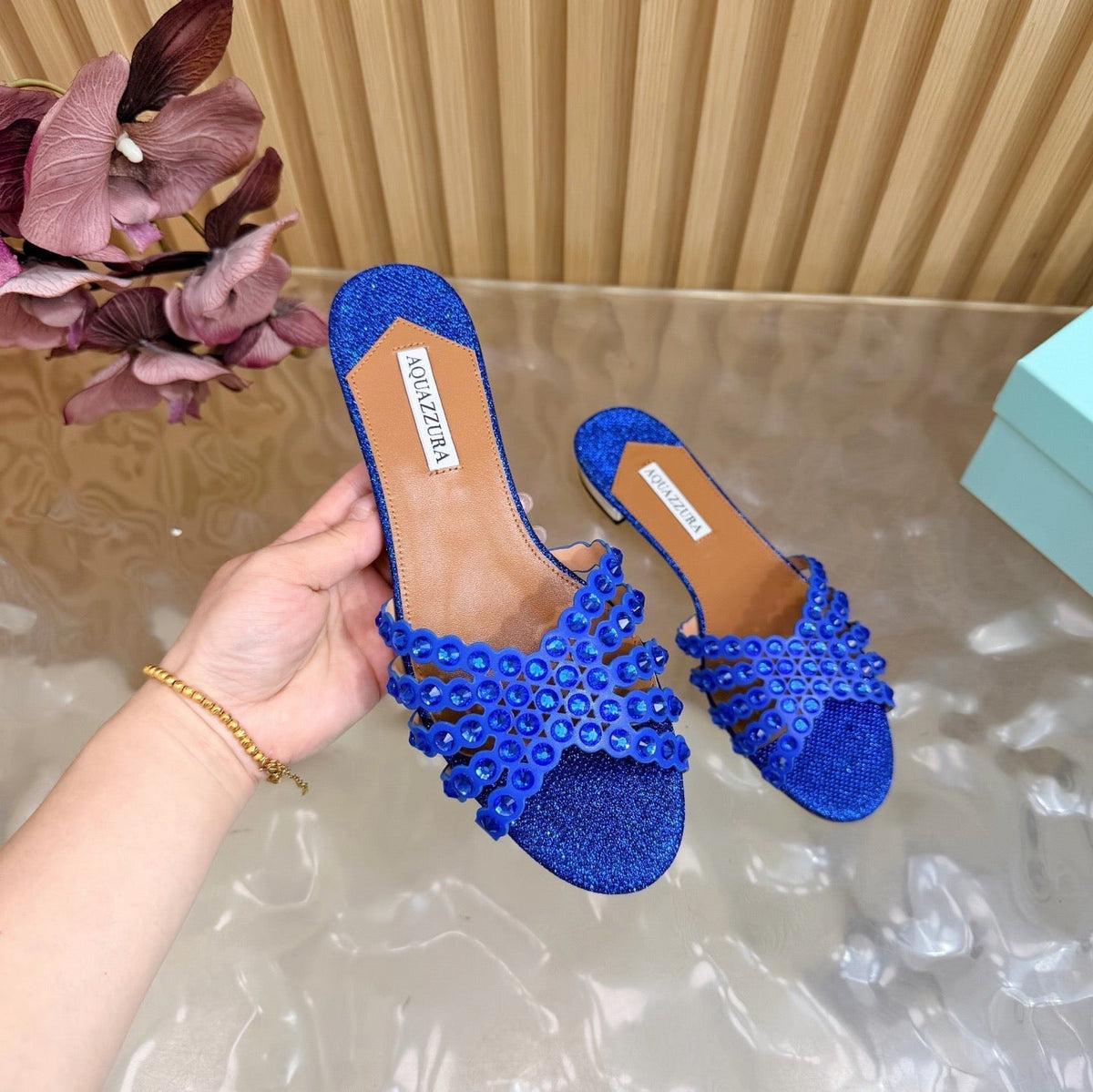 Aquazzura 26s Slides Navy Blue Lurex Fabric 614932