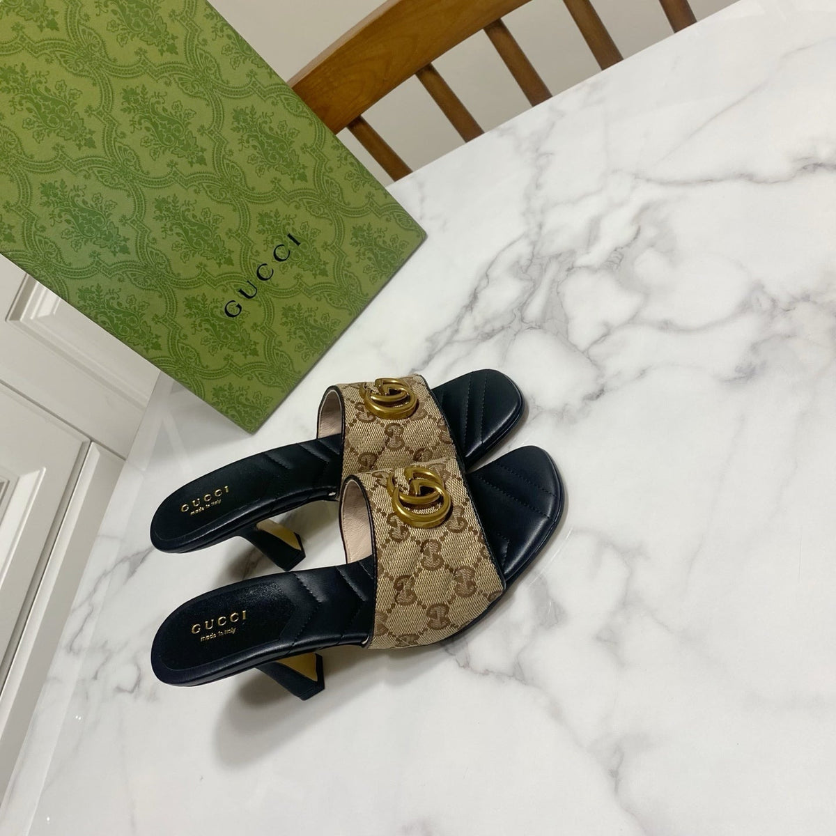 Gucci 26s Heeled Slides 7.5cm Sand Brown Canvas And Black Lambskin