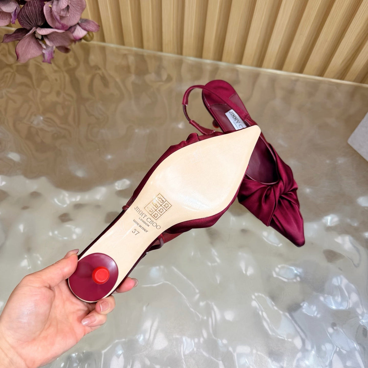 Jimmy Choo 26S Slingback Heels 6.0cm Dark Red Satin With Knot Detail 384192