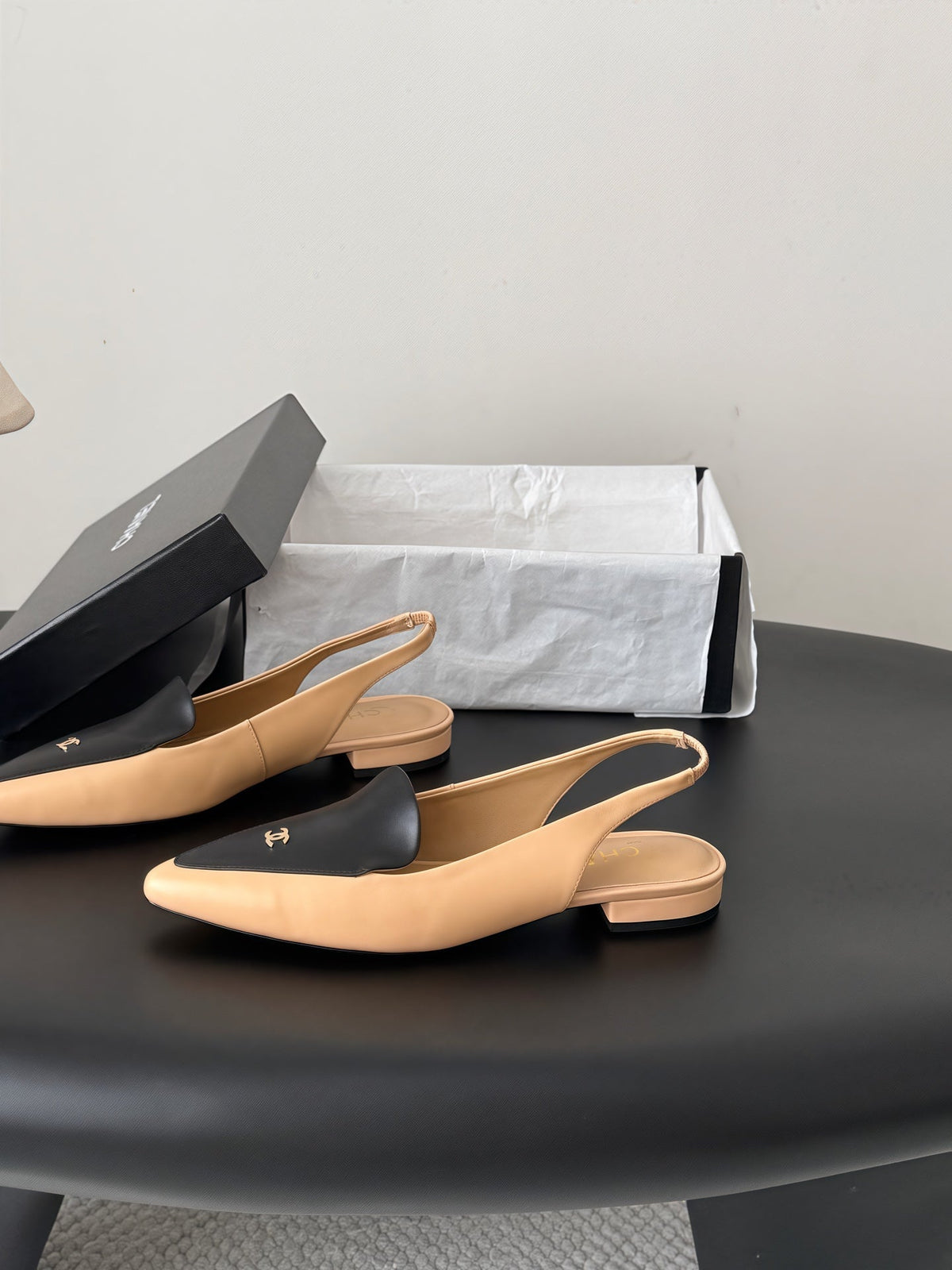 Chanel 26s Slingback Flat Black Beige Calfskin