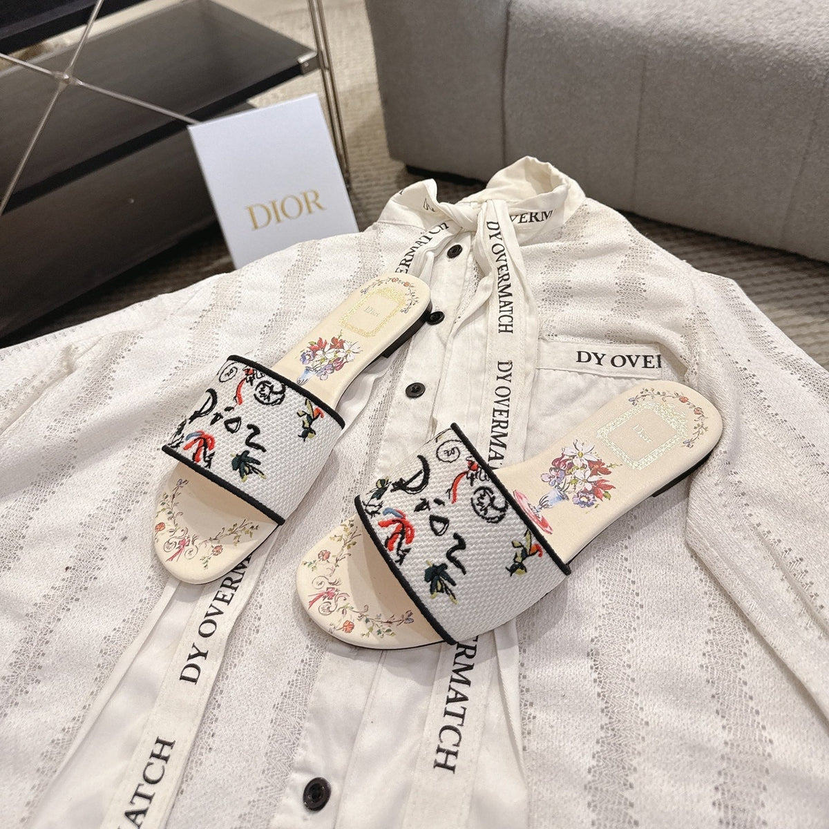 CD 26s D Way Slide Multicolor Dior Jardin D'Hiver Embroidered Cotton 731952