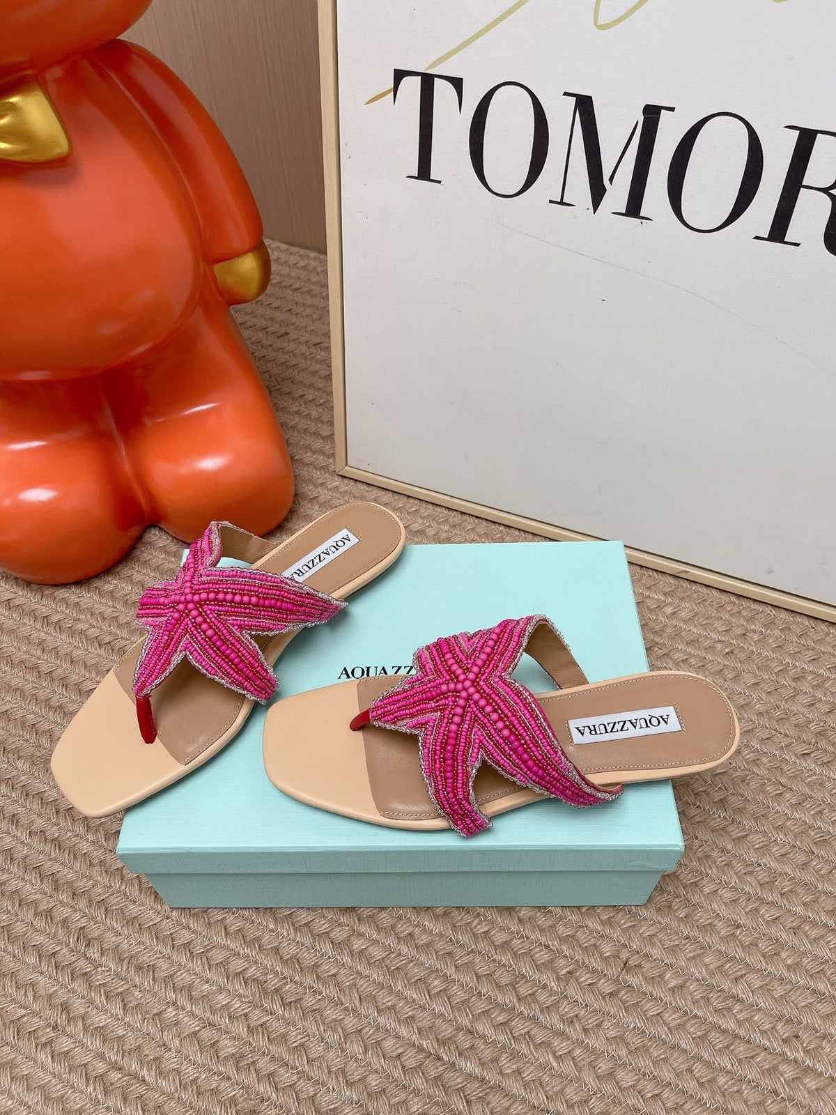 Aquazzura 26s Starfish Beaded Thong Sandals Pink And Beige Lambskin 482017