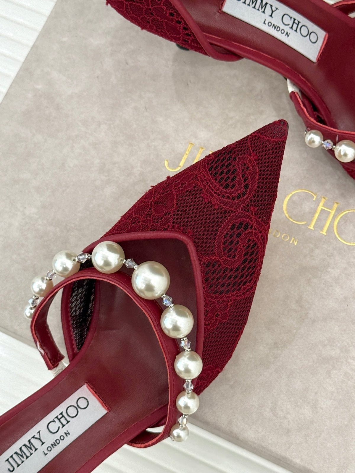 Jimmy Choo 26S High Heels 6.5cm Dark Red Lace Pearl-Embellished 384159