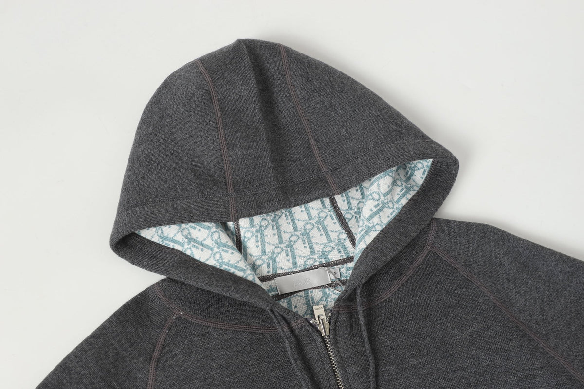 Dior 26s Reversible Hoodie Grey Blue Dior Oblique Knit Men