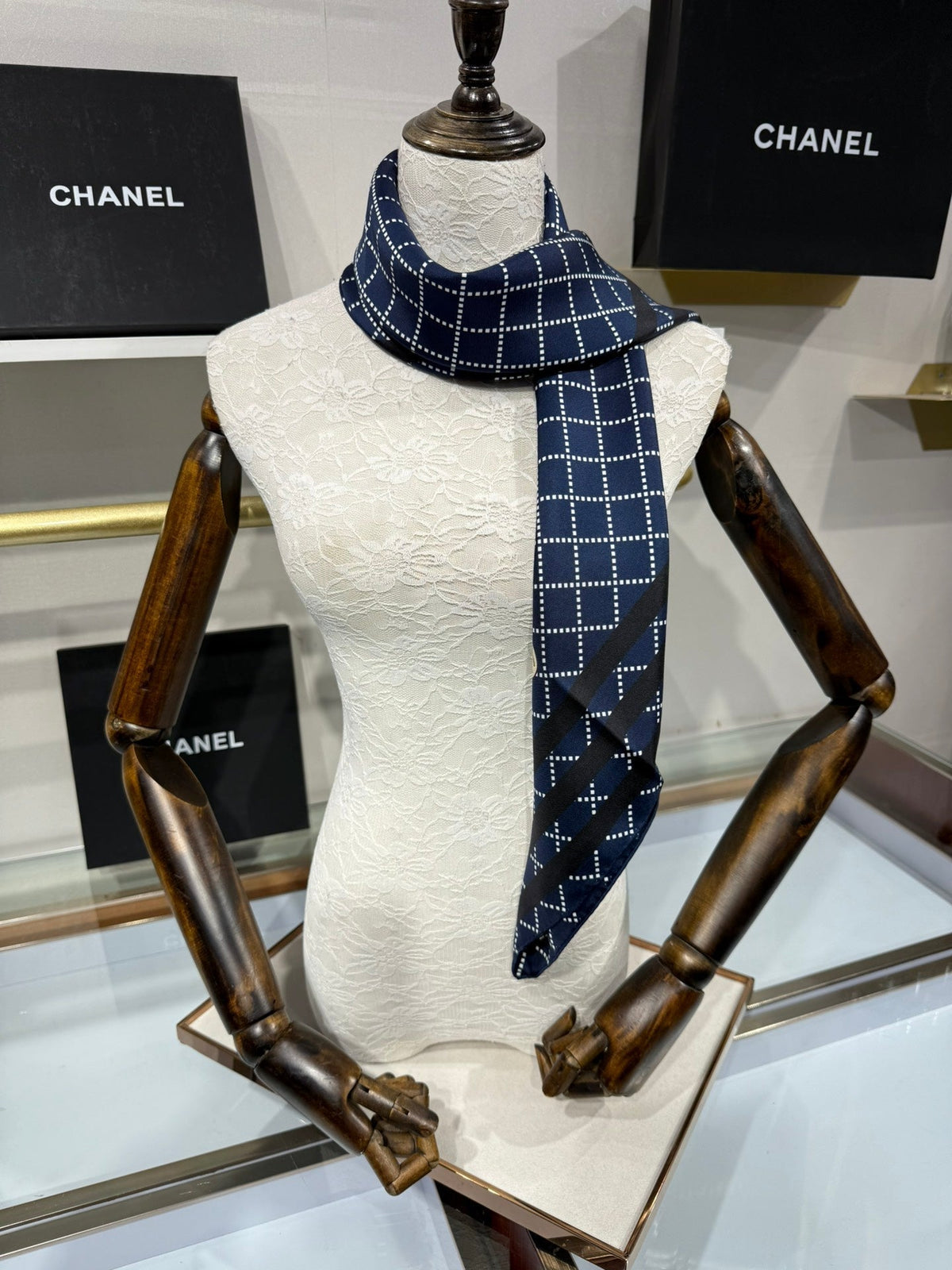 Chanel 2026 Pinstripe Scarf 90cm Navy Blue Silk 198207