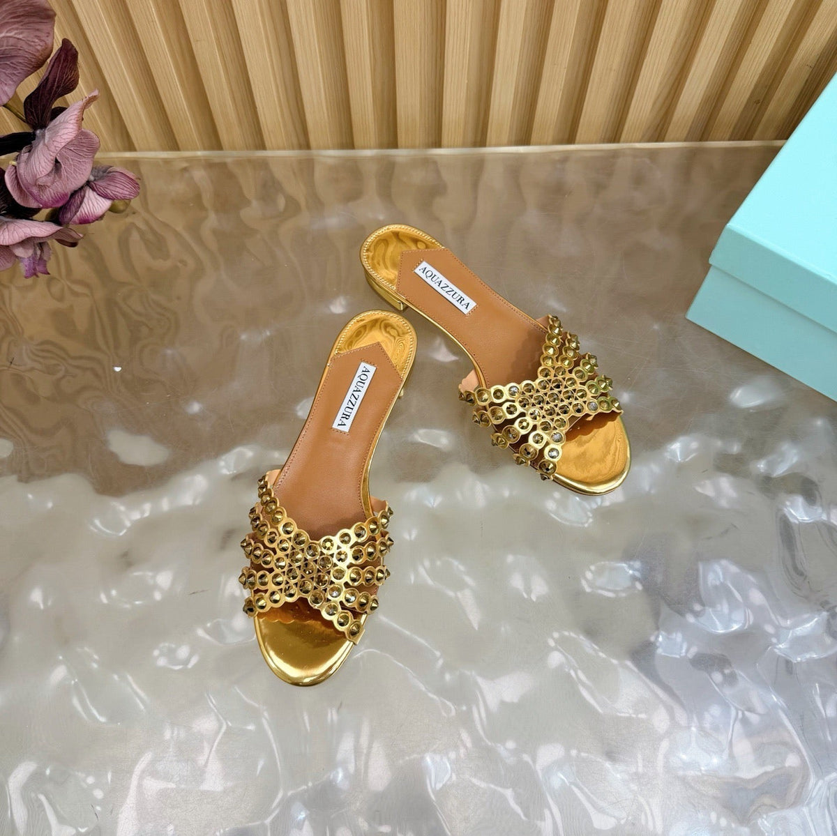 Aquazzura 26s Slides Metallic Gold Calfskin Crystal-Embellished Straps 604928