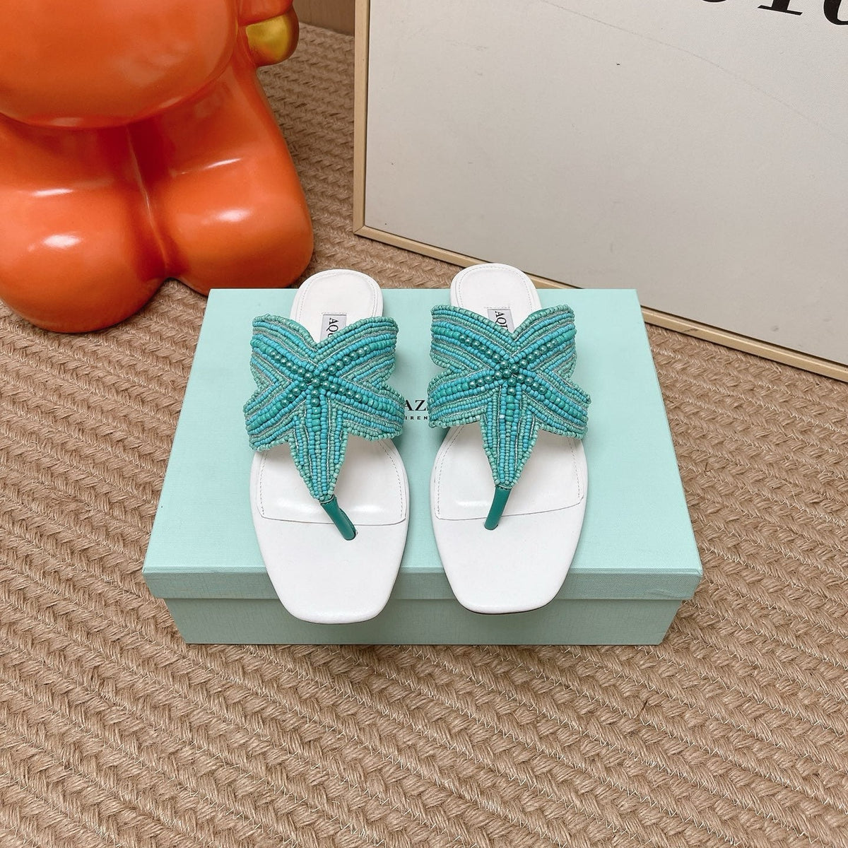 Aquazzura 26s Starfish Beaded Thong Sandals White & Turquoise Lambskin 174952