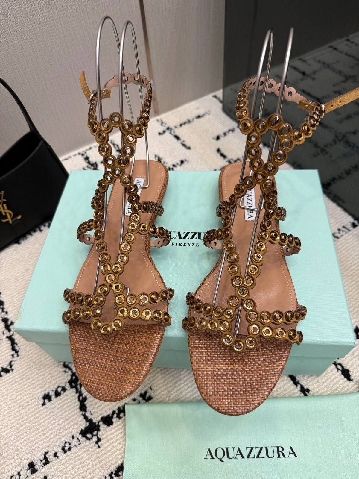 Aquazzura 26s Ankle-Strap Sandals Brown Woven Fabric 502814