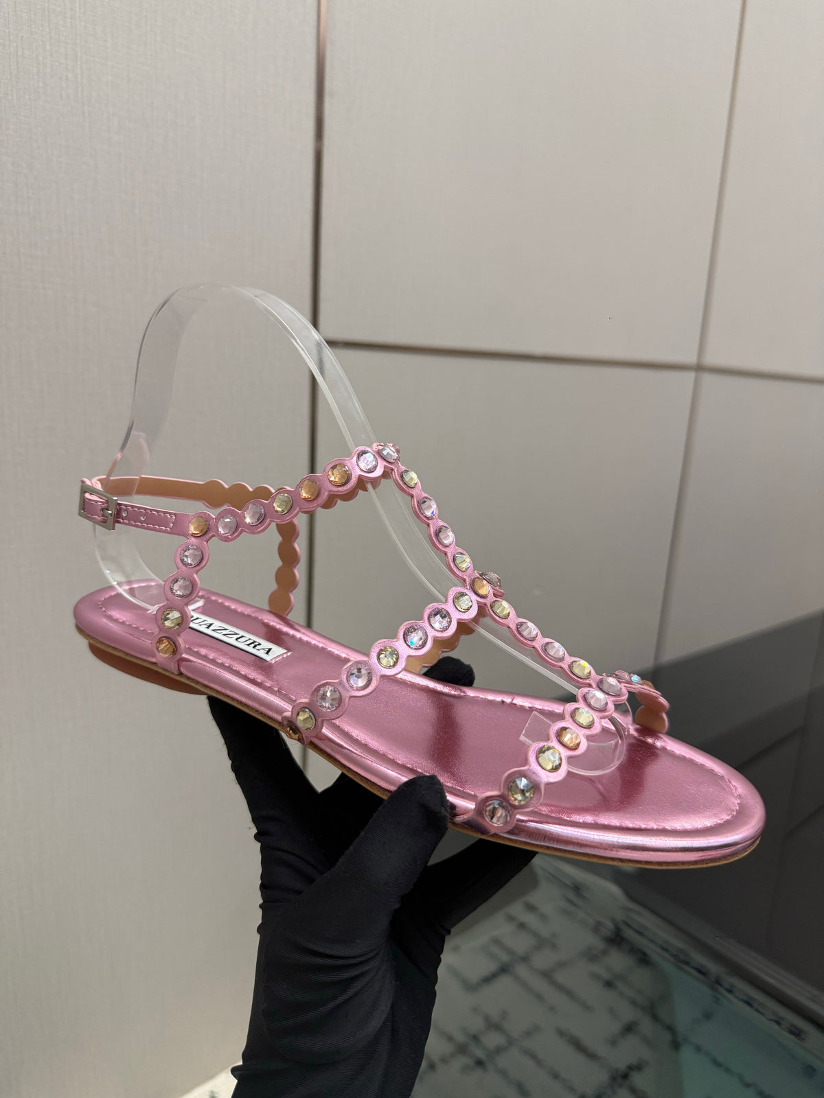 Aquazzura 26s Flat Sandals Metallic Pink Lambskin Crystal-Embellished 305824