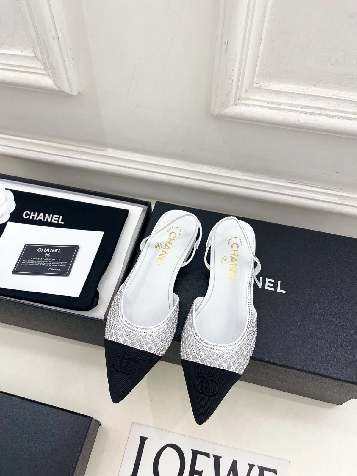 Chanel 26s Flat Pointed Toe Slingback White Mesh Black Toe Cap