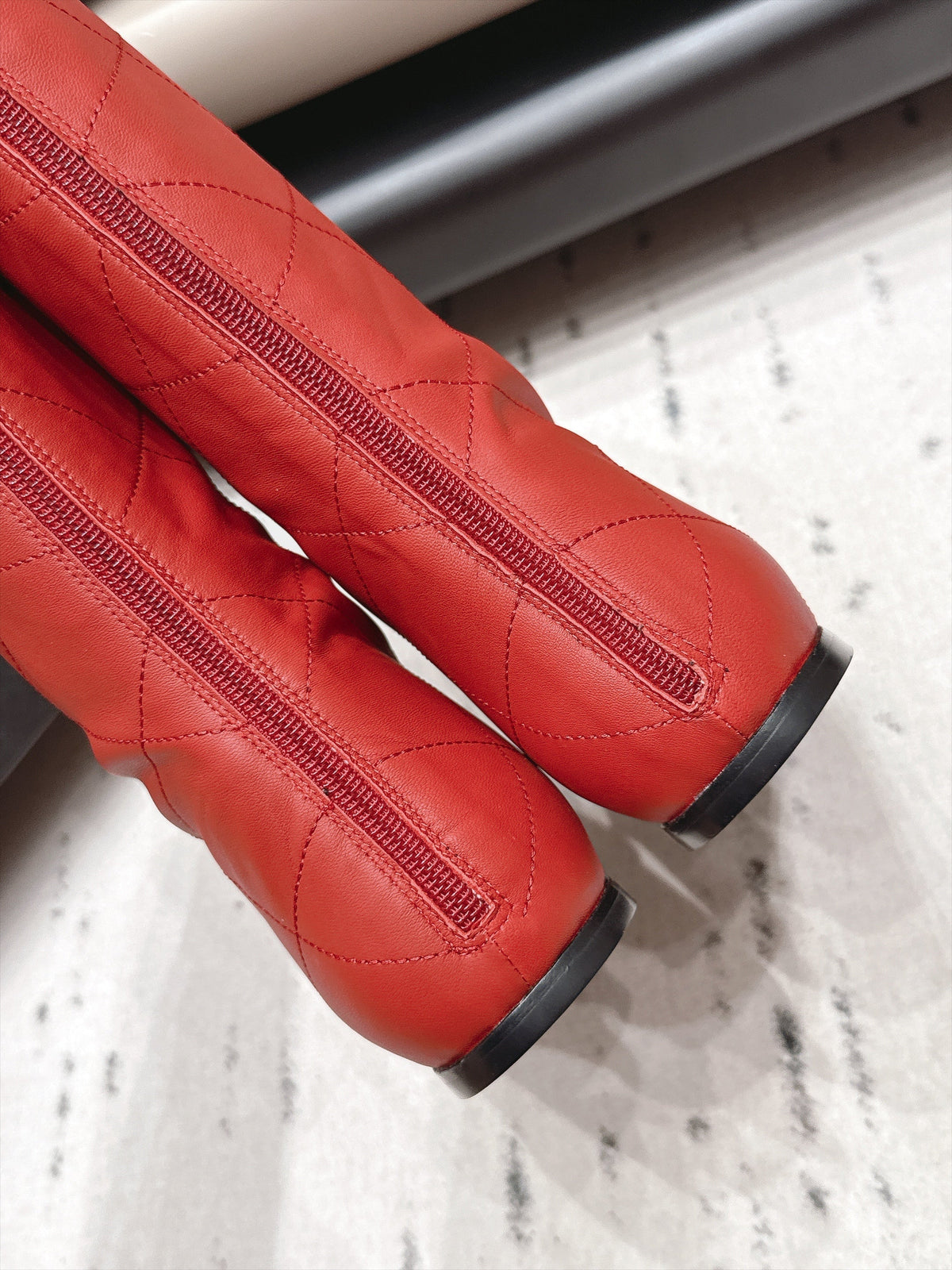 Chanel 26s Knee High Boots Red Quilted Calfskin Black Patent Cuff