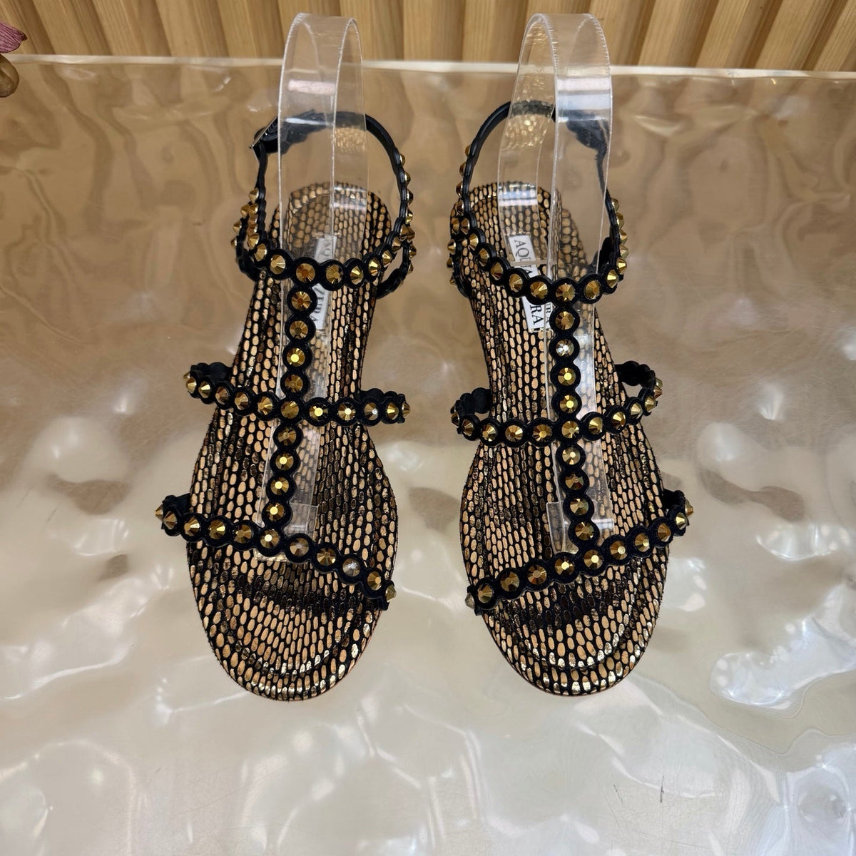 Aquazzura 26s Flat Sandals Bronze Metallic Snakeskin Crystal Embellished 739415