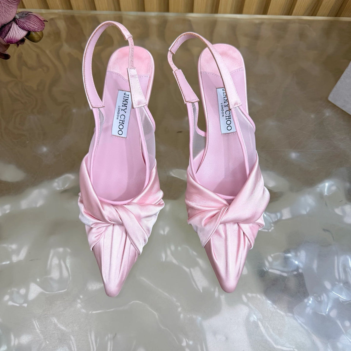 Jimmy Choo 26S Slingback Heels 6.0cm Light Pink Satin With Knot Detail 521946