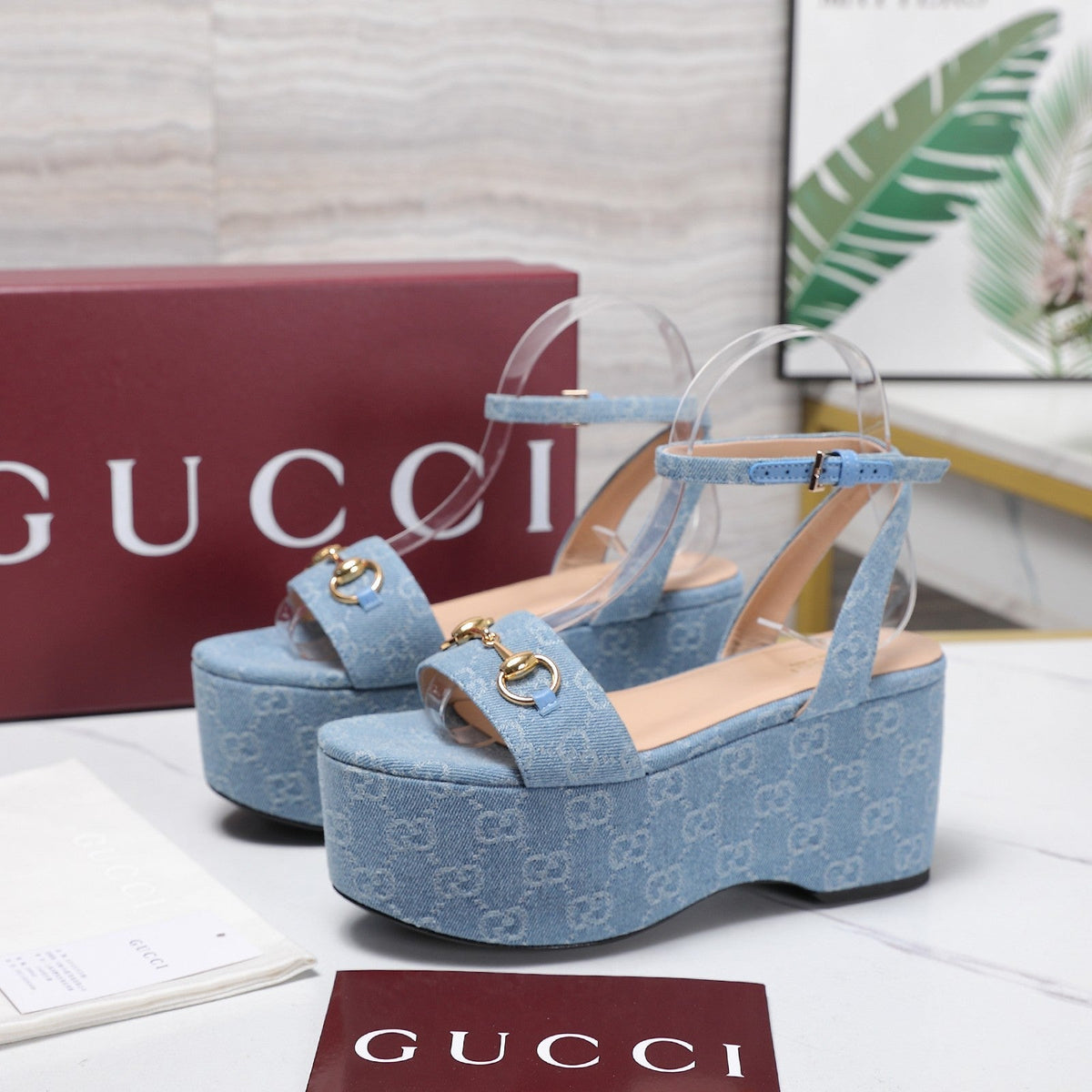 Gucci 26s Wedge Sandals 8cm Light Blue GG Denim Gold Hardware
