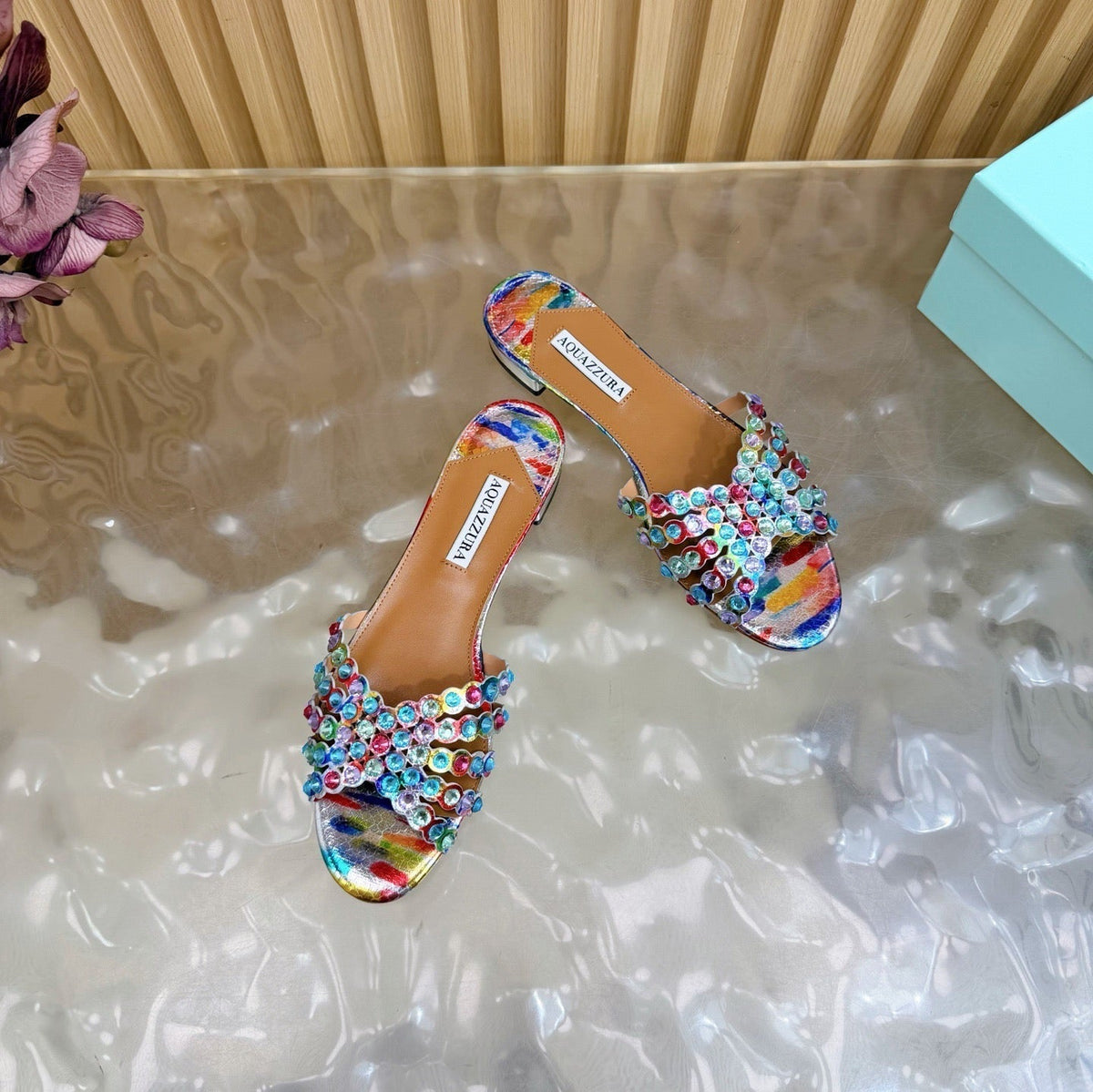 Aquazzura 26s Slides Multicolor Snakeskin Embossed Leather 924158