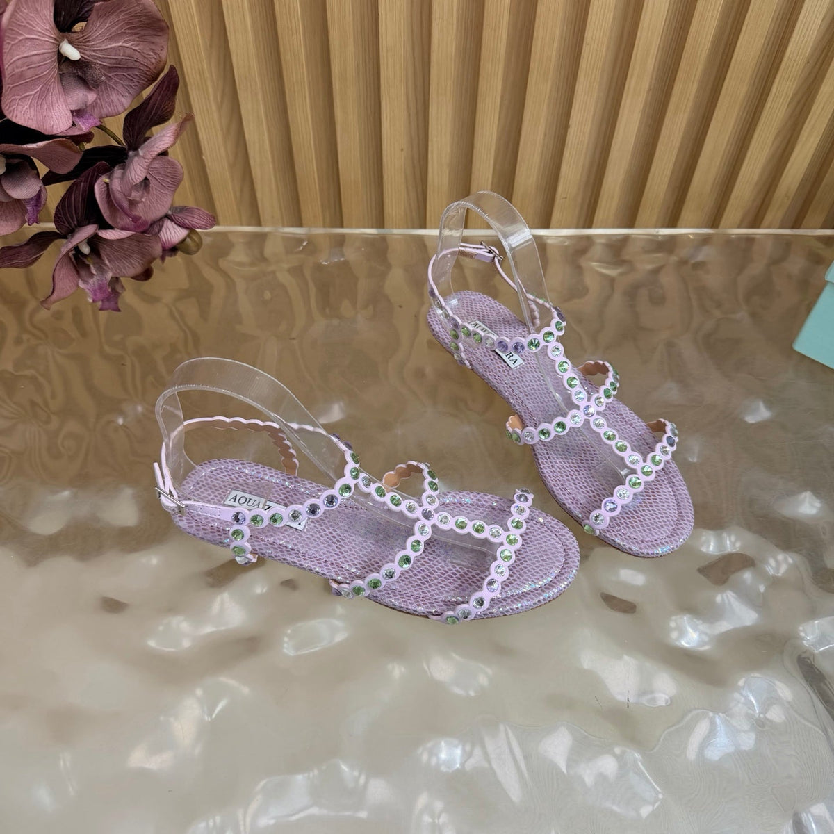 Aquazzura 26s Flat Sandals Light Purple Snakeskin Crystal Embellished 384719