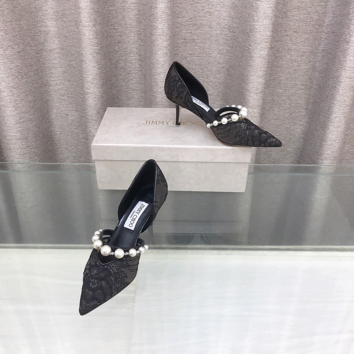 Jimmy Choo 26S High Heels 6.5cm Black Lace Pearl-Embellished 529418