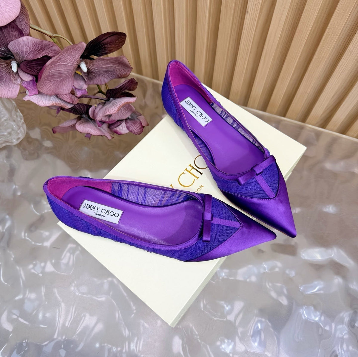 Jimmy Choo 26S Flats Dark Purple Lace And Satin 582194