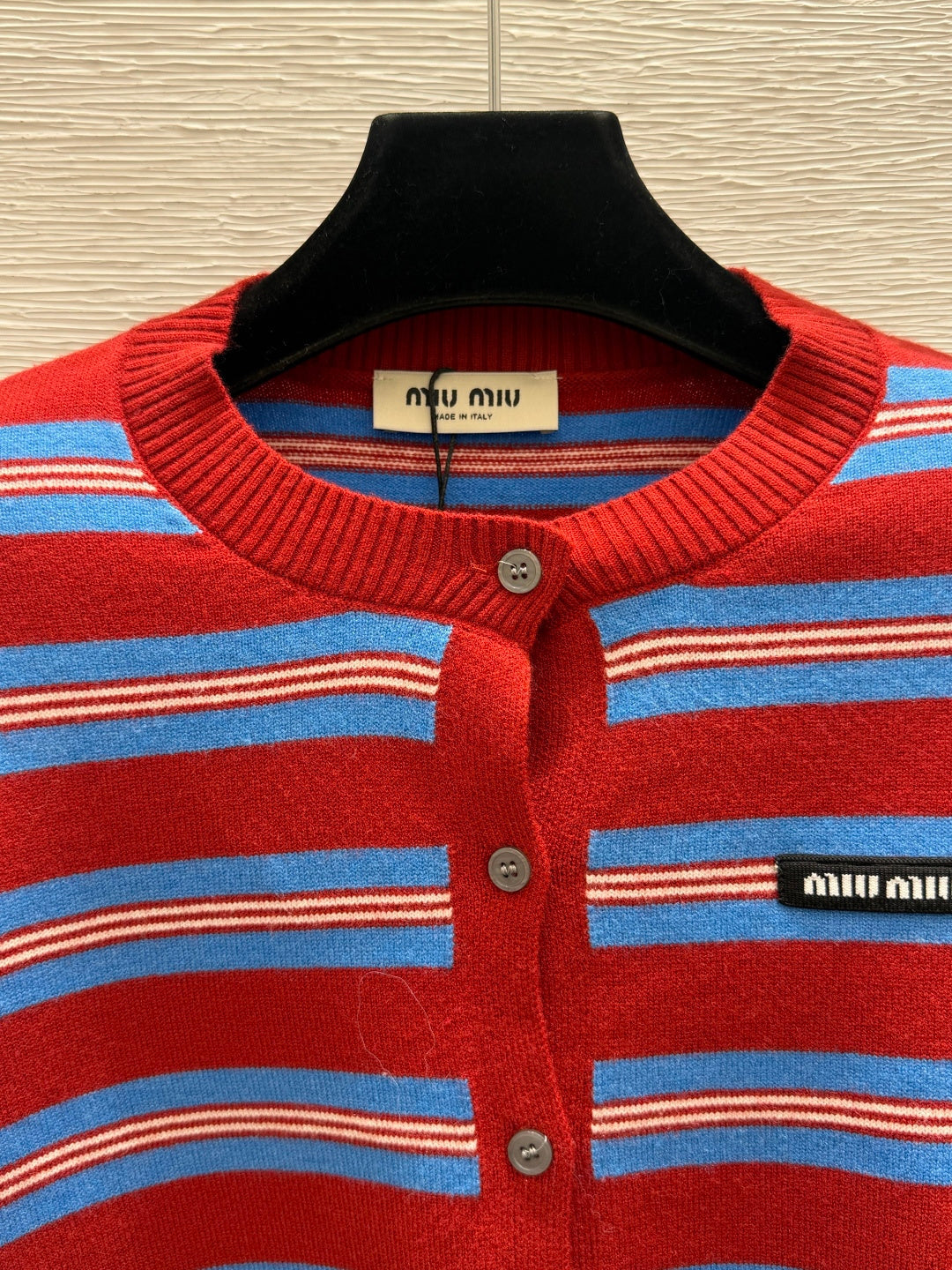 Miu Striped Knit Cardigan Round Neck Button-Front Red Blue Wool 313352