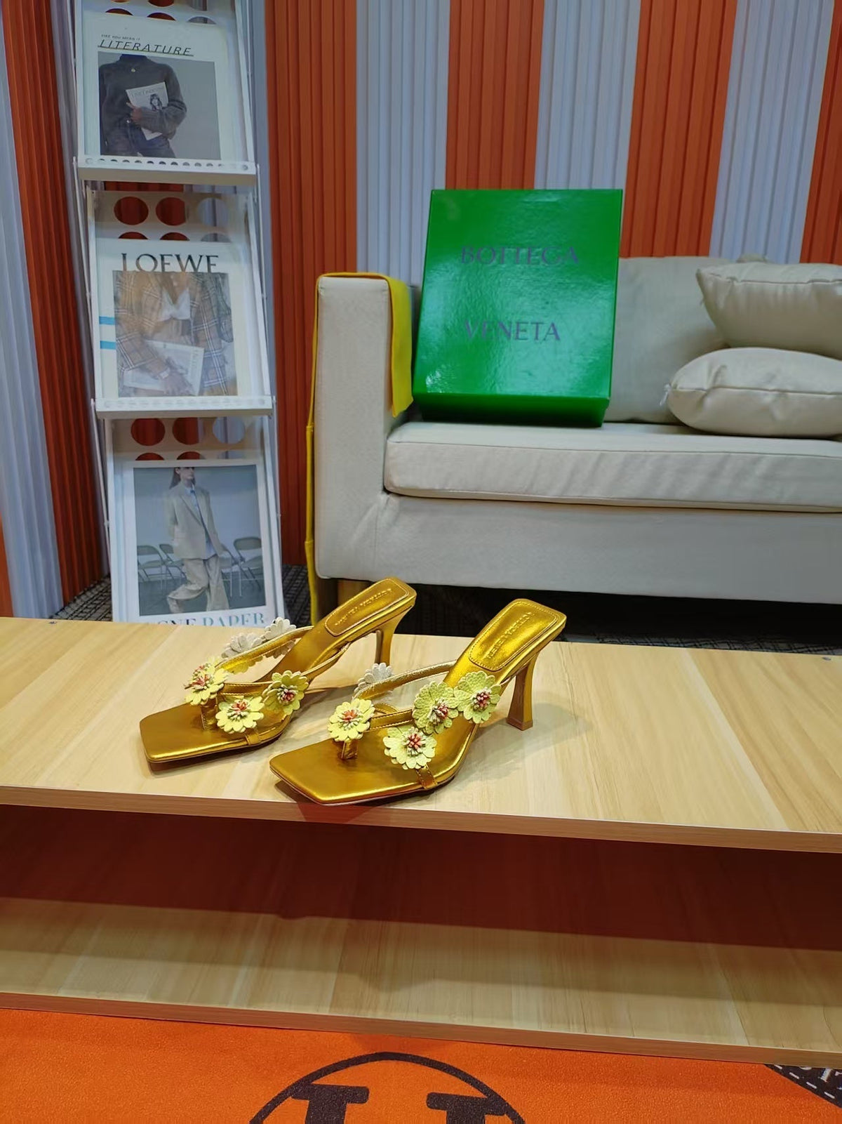 BV Riva Thong Floral Sandals 9CM Gold Leather 139869