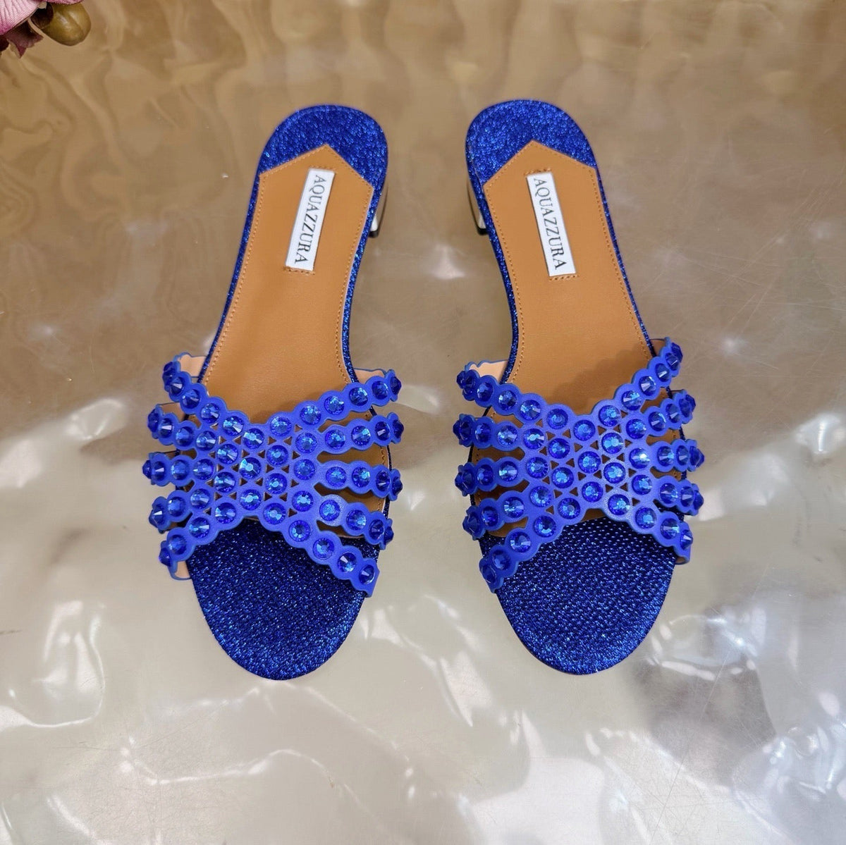 Aquazzura 26s Slides Navy Blue Lurex Fabric 614932