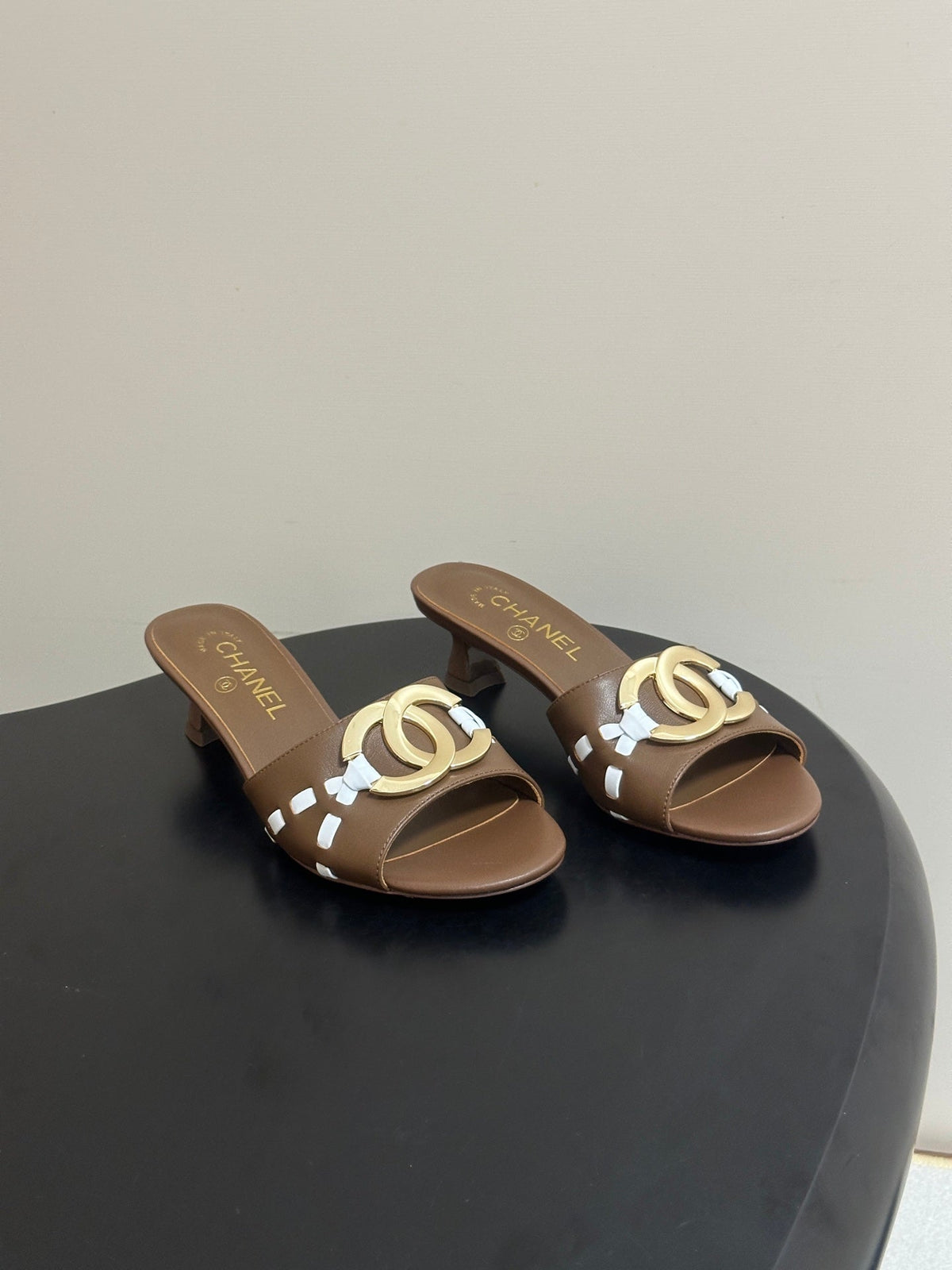 CC 26S High Heel Mule in Brown Lambskin with Gold-Tone CC Logo