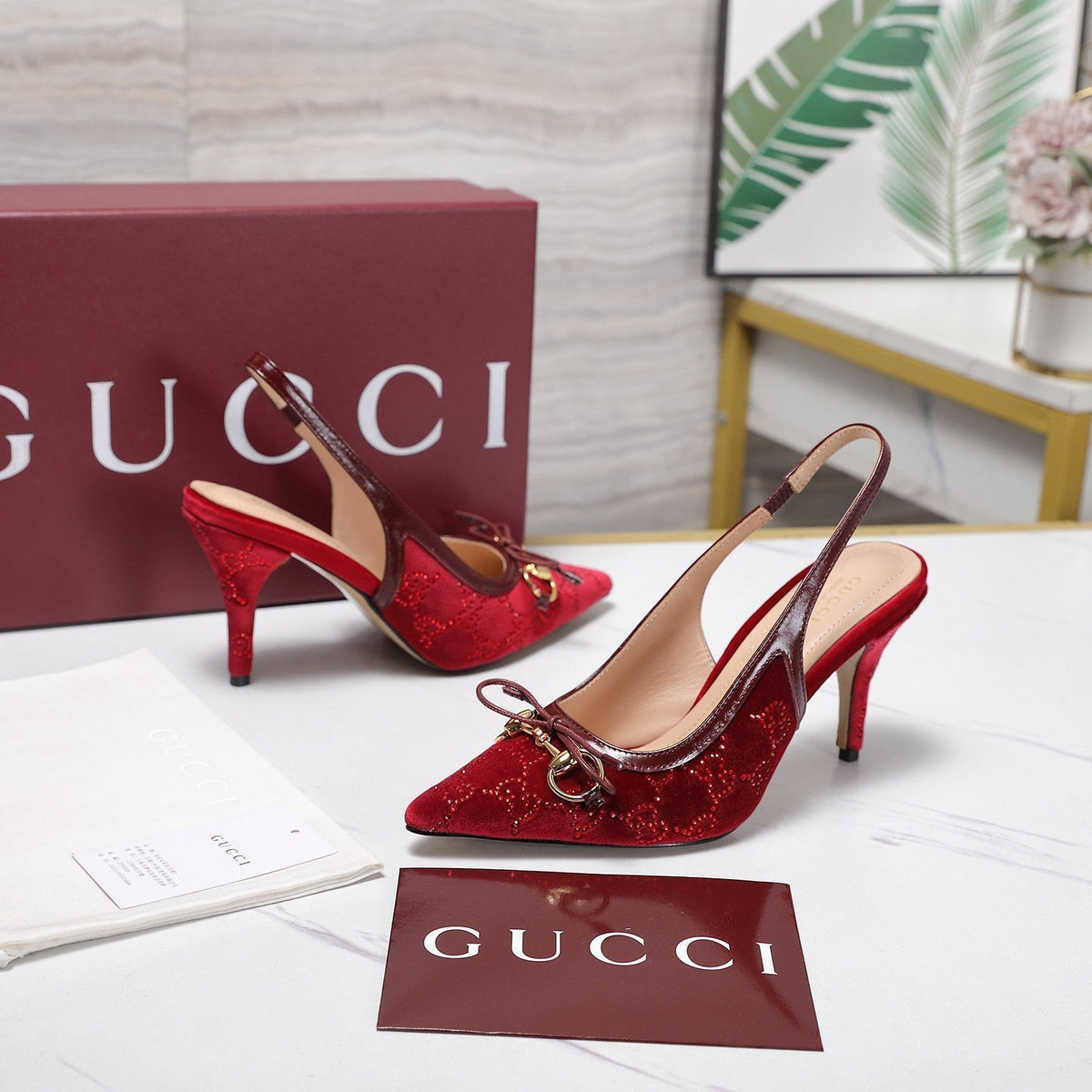Gucci 26s Slingback Pumps 10cm Dark Red Velvet Gold Hardware With Bow