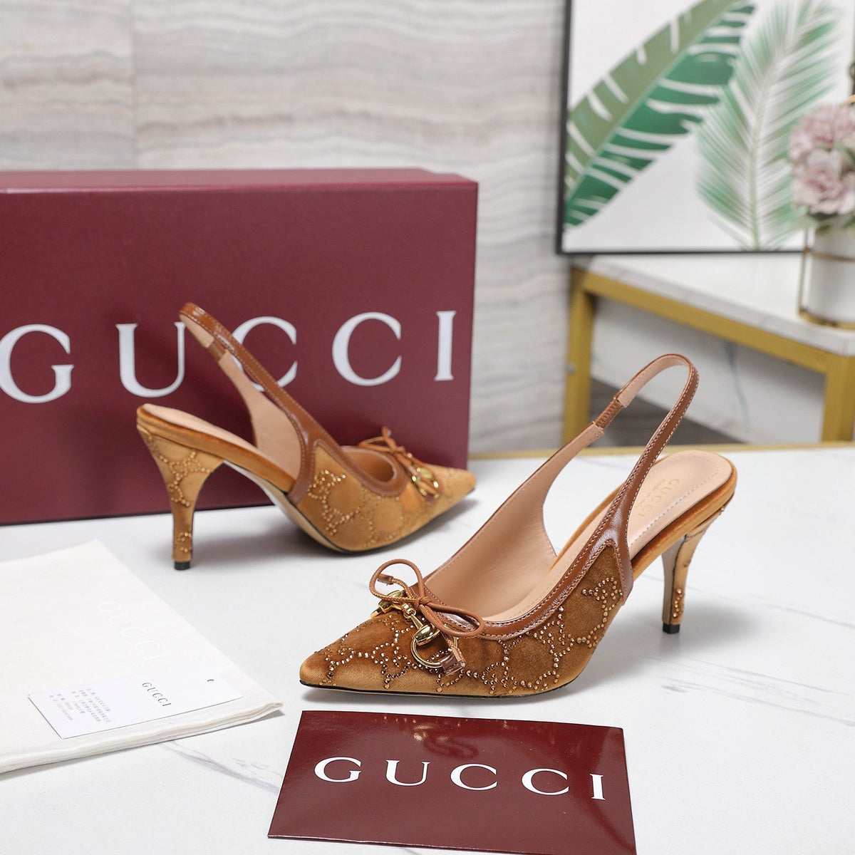 Gucci 26s Slingback Pumps 10cm Caramel Brown Velvet Gold Hardware With Bow