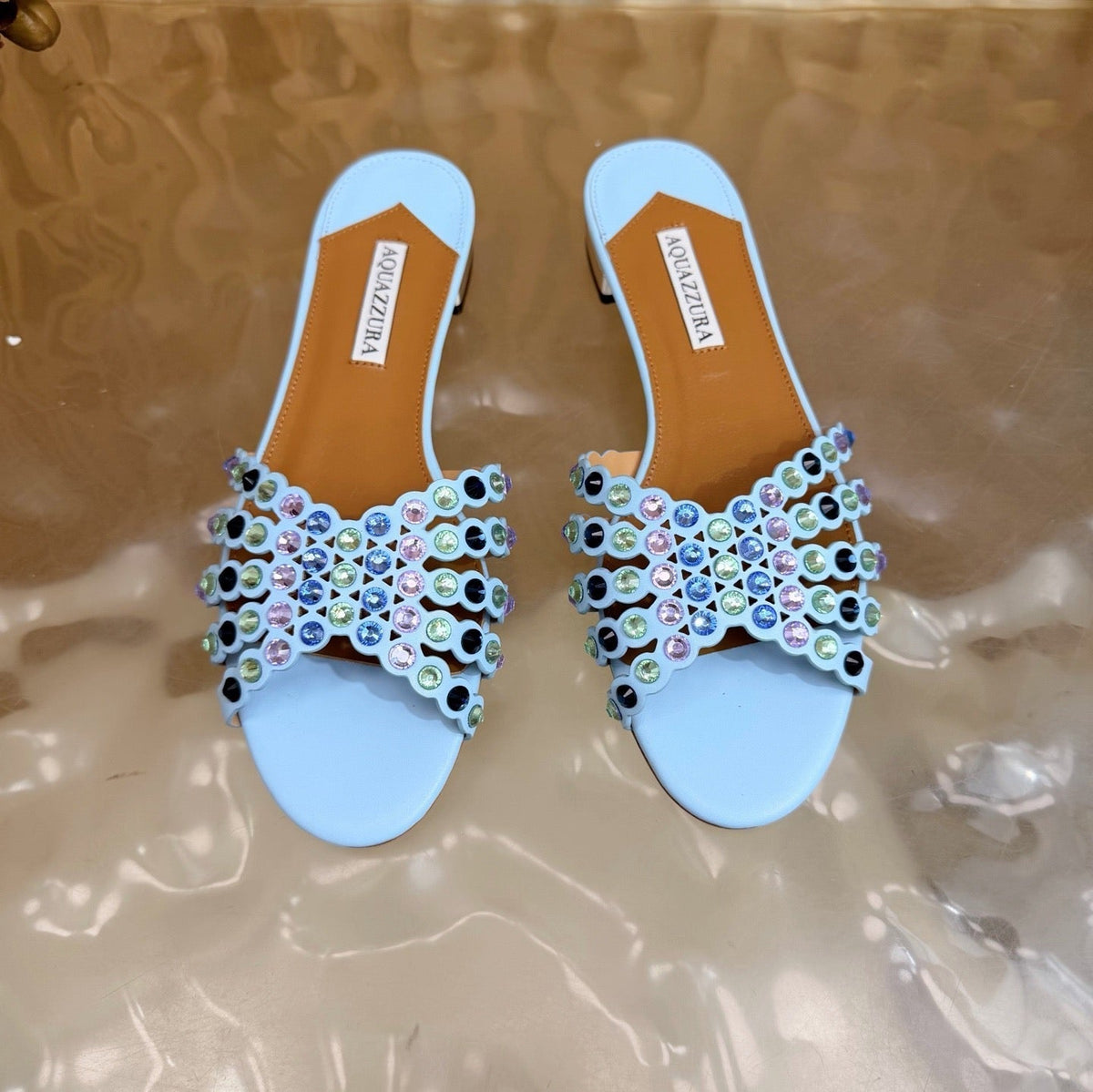 Aquazzura 26s Slides Sky Blue Calfskin Crystal-Embellished Straps 714953