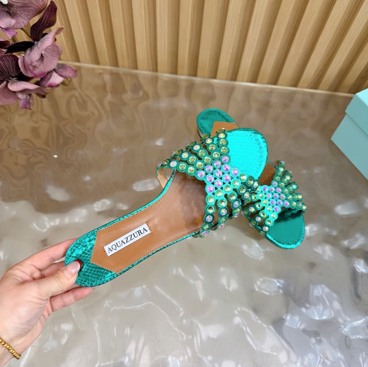 Aquazzura 26s Slides Emerald Green Snakeskin Embossed Leather 592814