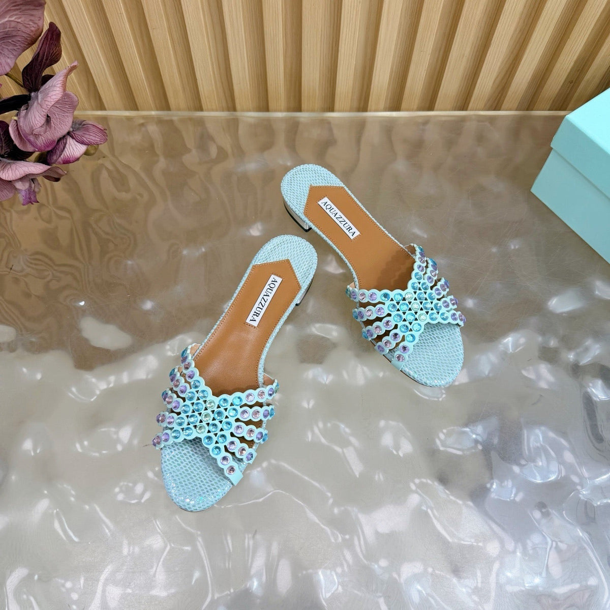 Aquazzura 26s Slides Light Blue Snakeskin Embossed Leather 482015