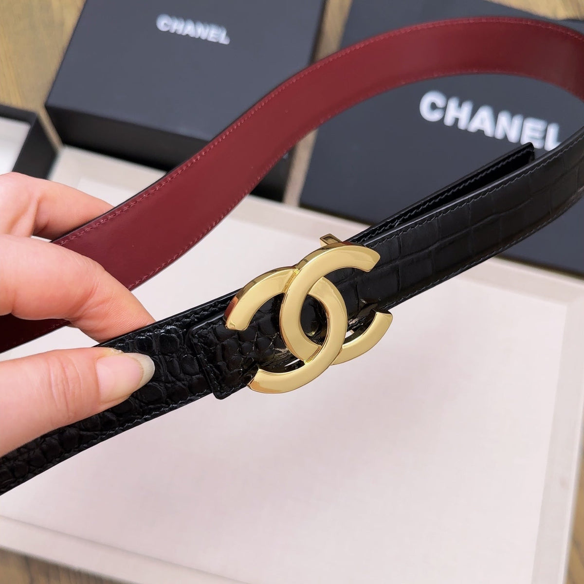 Chanel 2026 Crocodile Embossed Belt 30mm Leather 218762