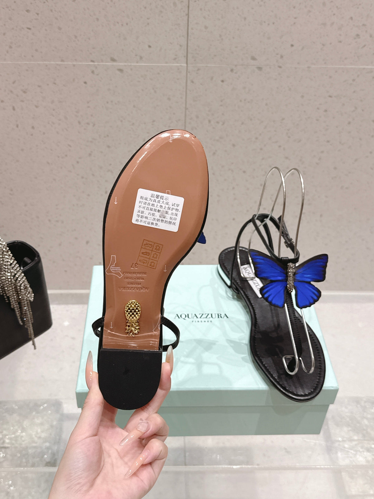 Aquazzura 26s Butterfly Thong Sandals Black Lambskin 739201