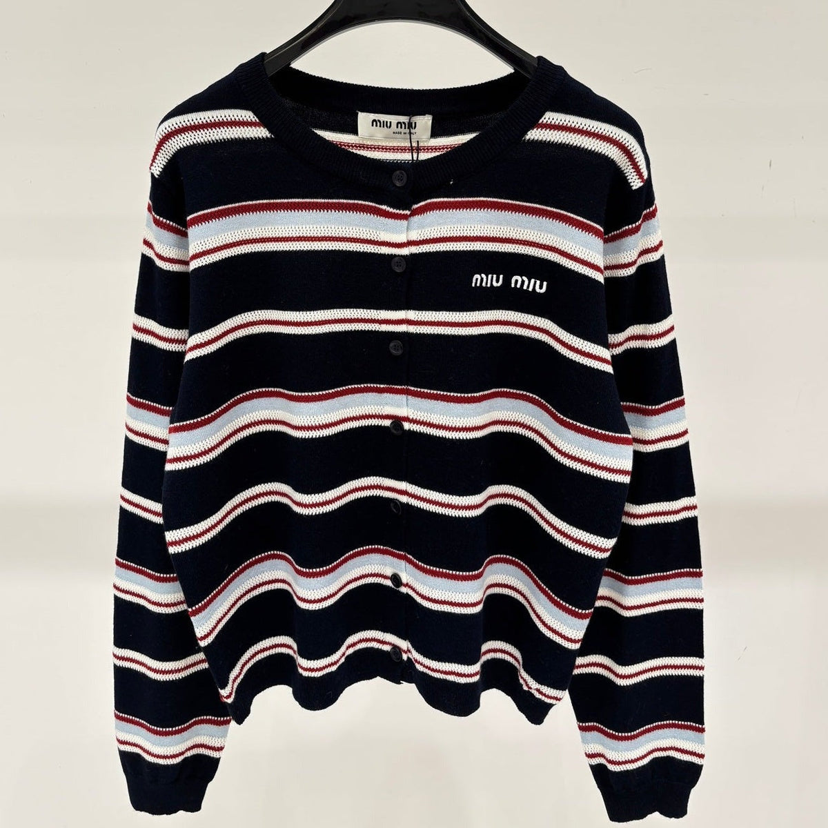 Miumiu 2026 Striped Cardigan Navy Blue Wool 431815