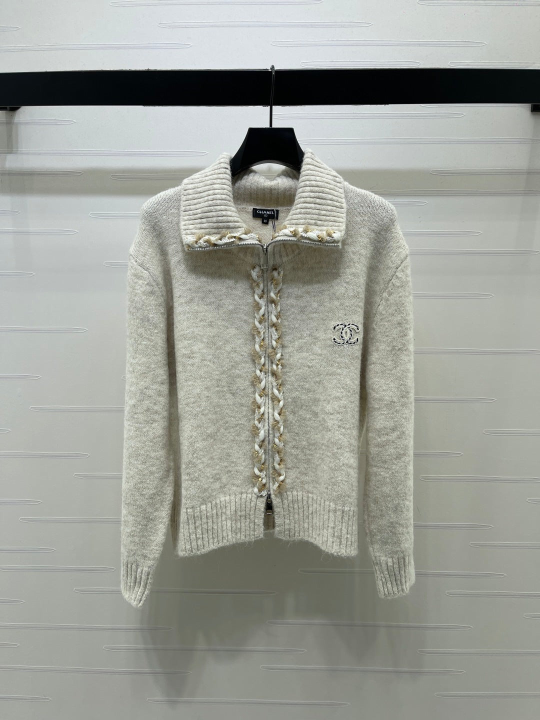CC 26FW Textured-Trim Zip-Up Sweater CC Logo Cashmere 274028