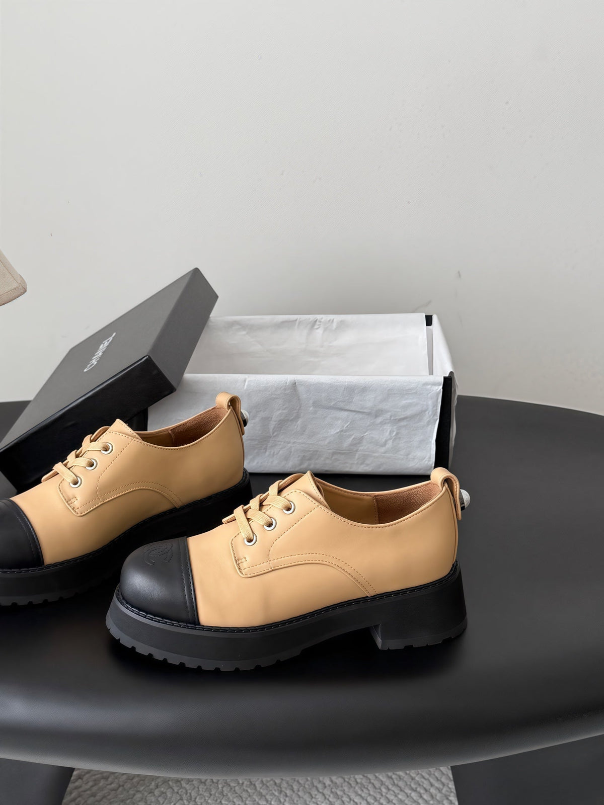 Chanel 26s Lace Up Platform Black Beige Calfskin