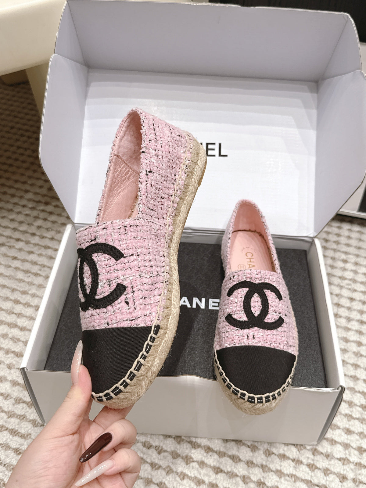 CC 26S Slip-Ons in Pink Mix Black Tweed and Patent Calfskin