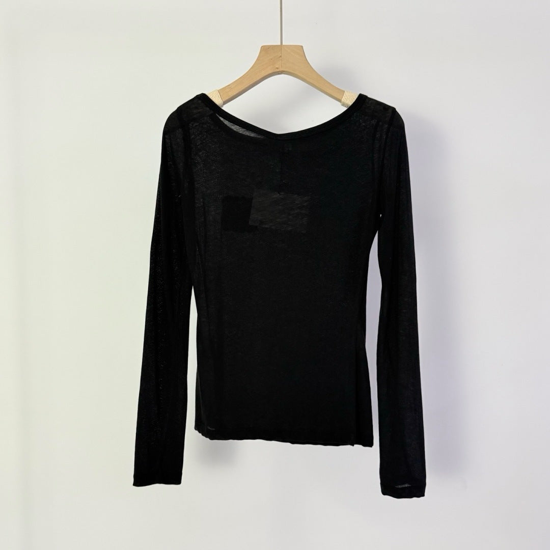 LW 26S Wide Neck Anagram Embroidery Sheer Top 436206
