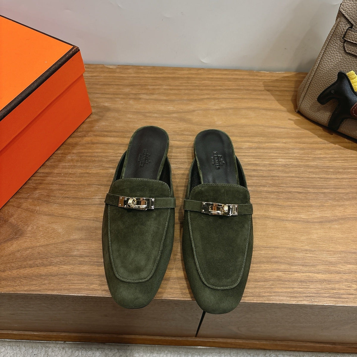 HM 26s Oz Mule Dark Olive Green Suede Gold Hardware