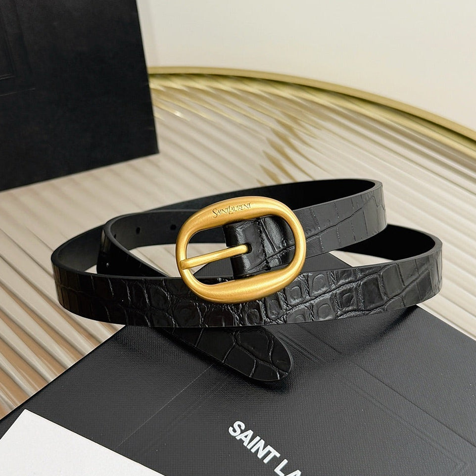 Saint Laurent 2026 Oval Buckle Thin Belt 20mm Leather 219778