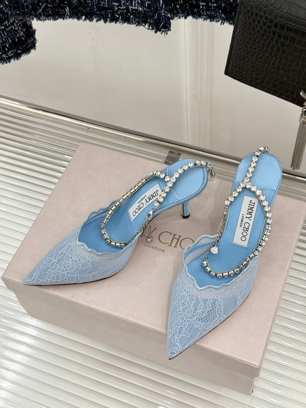 Jimmy Choo 26S Embellished High-Heeled Sandals 8.5cm Blue Lace 483195