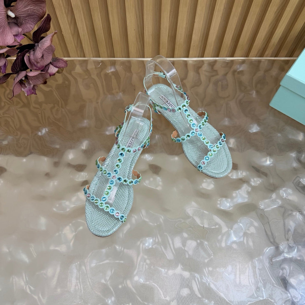 Aquazzura 26s Flat Sandals Light Blue Snakeskin Crystal Embellished 837261