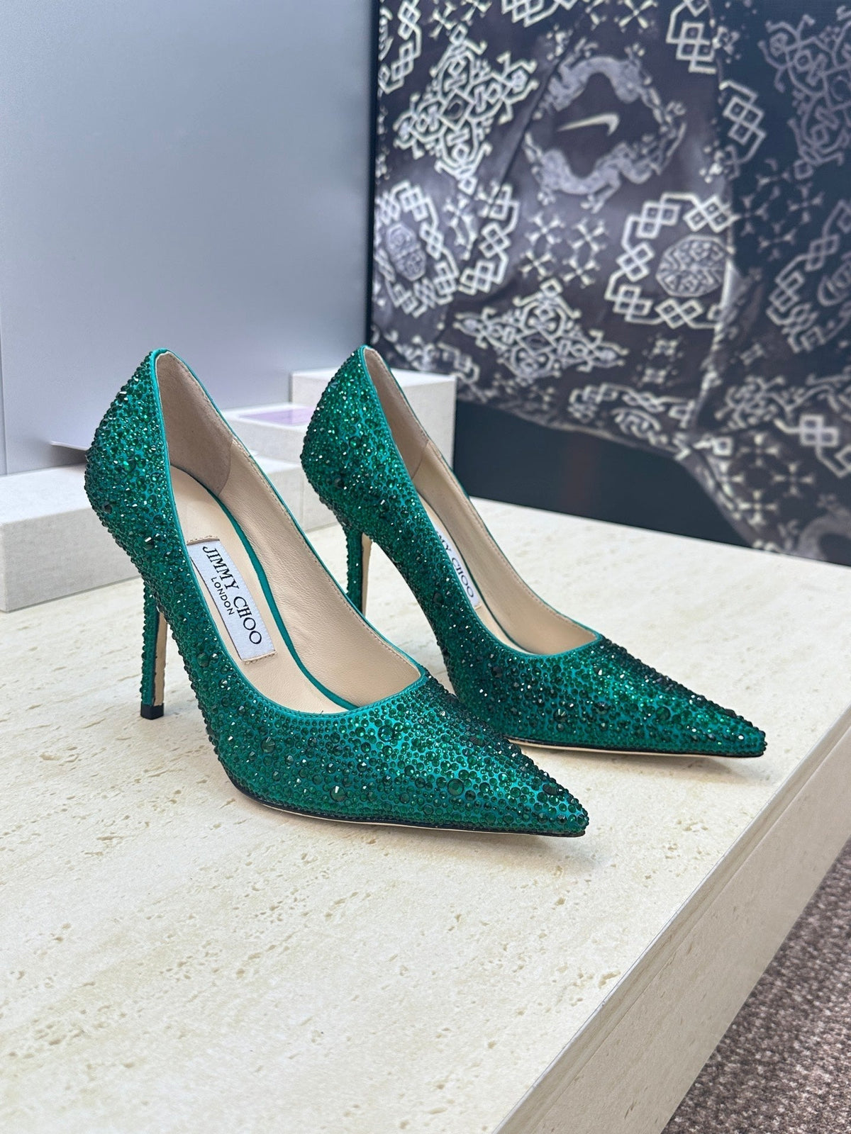 Jimmy Choo 26S High Heels 9.5cm Green Crystal-Embellished 395418